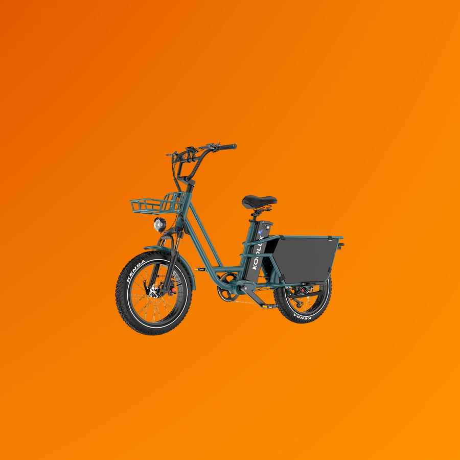 Vélo cargo électrique X7 Pro — vue trois-quarts sur fond orange studio
