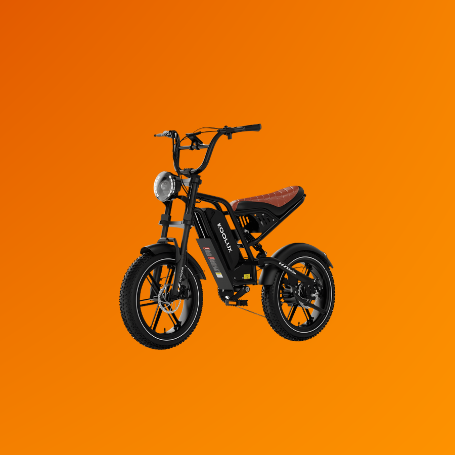 Vélo électrique compact X9 Mini — vue trois-quarts sur fond orange studio